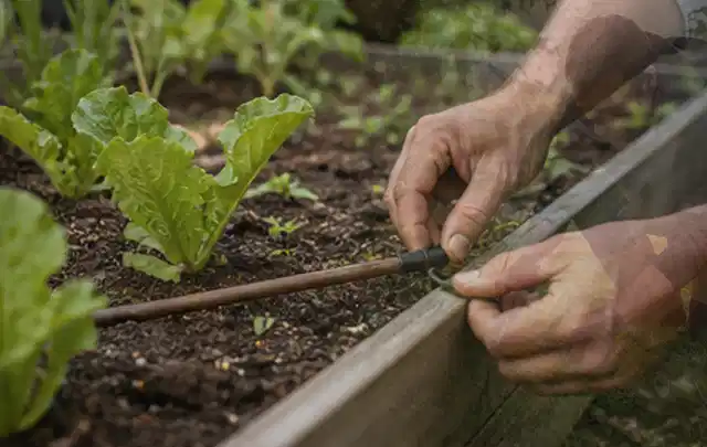 Hände befestigen einen Tropfschlauch nahe an jungen Pflanzen im Hochbeet; Thema Smart Garden Bewässerung, Schwerpunkt Winterlager; Umsetzung.