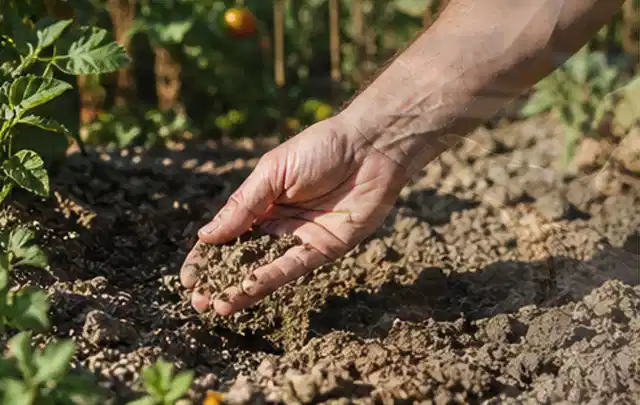 Hand prüft trockene krümelige Gartenerde während einer warmen Sommerphase; Thema Smart Garden Bewässerung, Schwerpunkt Winterlager; Praxisalltag.