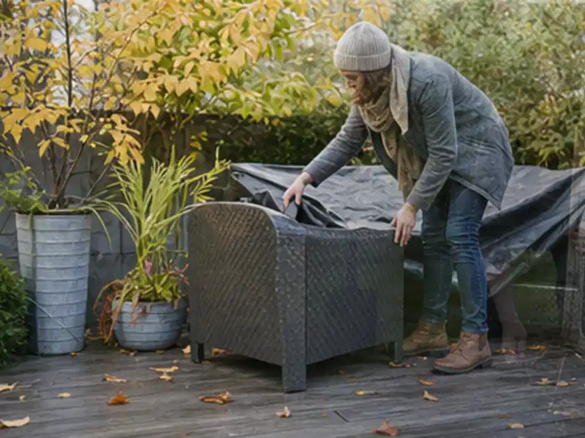 Person deckt Gartenmöbel vor der kalten Jahreszeit sorgfältig ab; Thema Smoker, Schwerpunkt Bestenliste; Titelbild.