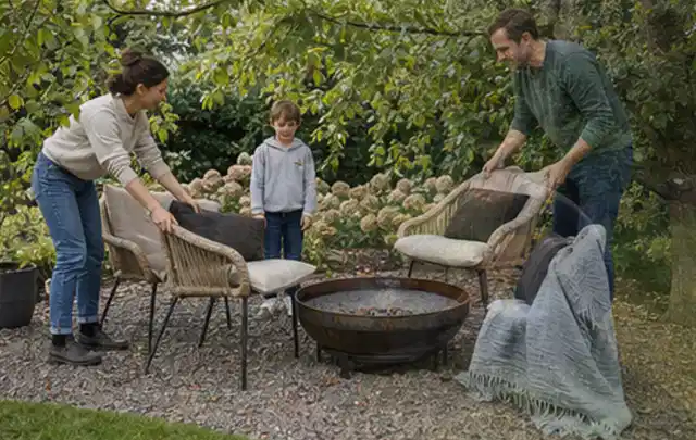 Familie stellt wetterfeste Sessel an einem geschützten Sitzplatz im Garten auf; Thema Smoker, Schwerpunkt Bestenliste; Umsetzung.