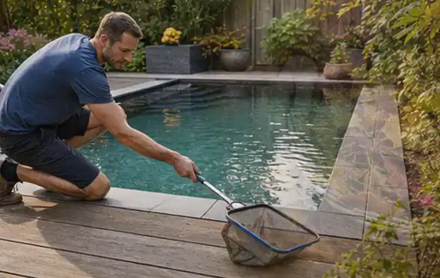 Person entfernt Blätter mit einem Kescher aus einem kleinen Gartenpool; Thema Smoker, Schwerpunkt Bestenliste; Praxisalltag.