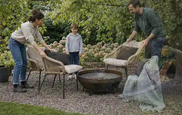Familie stellt wetterfeste Sessel an einem geschützten Sitzplatz im Garten auf; Thema Smoker, Schwerpunkt Checkliste; Ausgangslage.