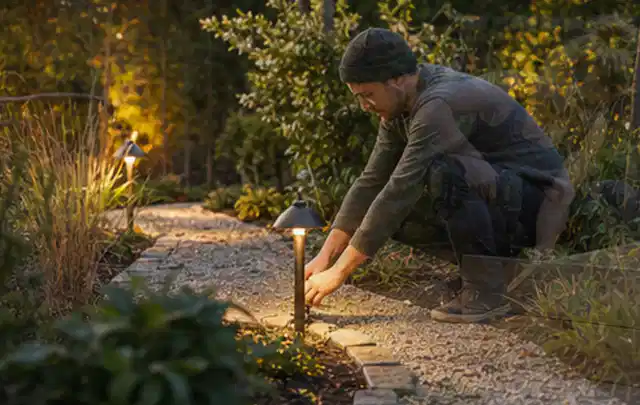 Person richtet eine niedrige warm leuchtende Gartenlampe am Kiesweg aus; Thema Smoker, Schwerpunkt Checkliste; Ergebnis.