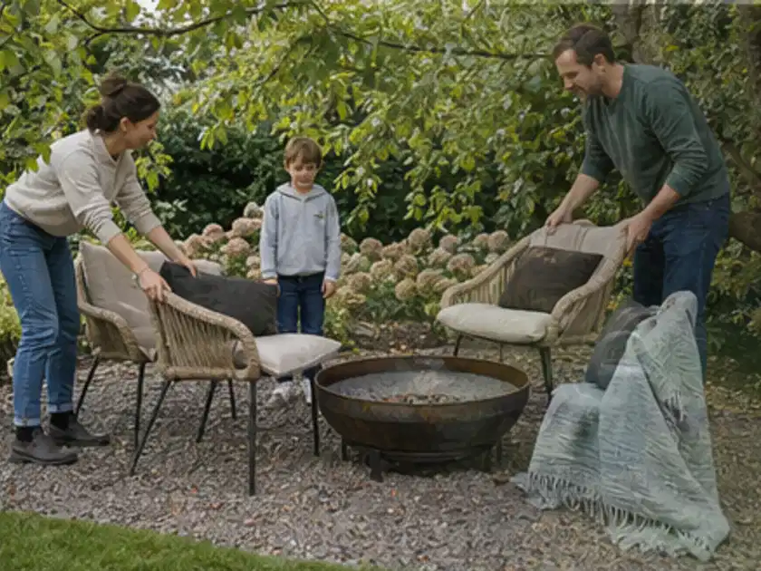 Familie stellt wetterfeste Sessel an einem geschützten Sitzplatz im Garten auf; Thema Smoker, Schwerpunkt Dimensionierung; Titelbild.