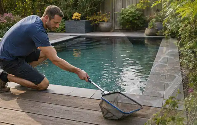Person entfernt Blätter mit einem Kescher aus einem kleinen Gartenpool; Thema Smoker, Schwerpunkt Dimensionierung; Kontrolle.