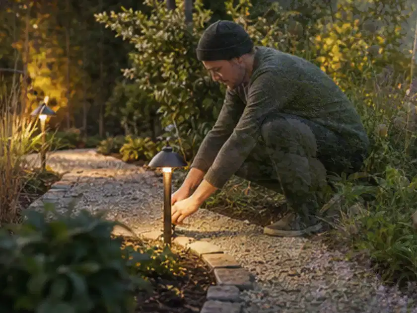 Person richtet eine niedrige warm leuchtende Gartenlampe am Kiesweg aus; Thema Smoker, Schwerpunkt Ersatzteile; Titelbild.