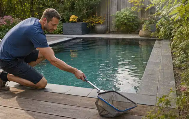 Person entfernt Blätter mit einem Kescher aus einem kleinen Gartenpool; Thema Smoker, Schwerpunkt Ersatzteile; Ergebnis.