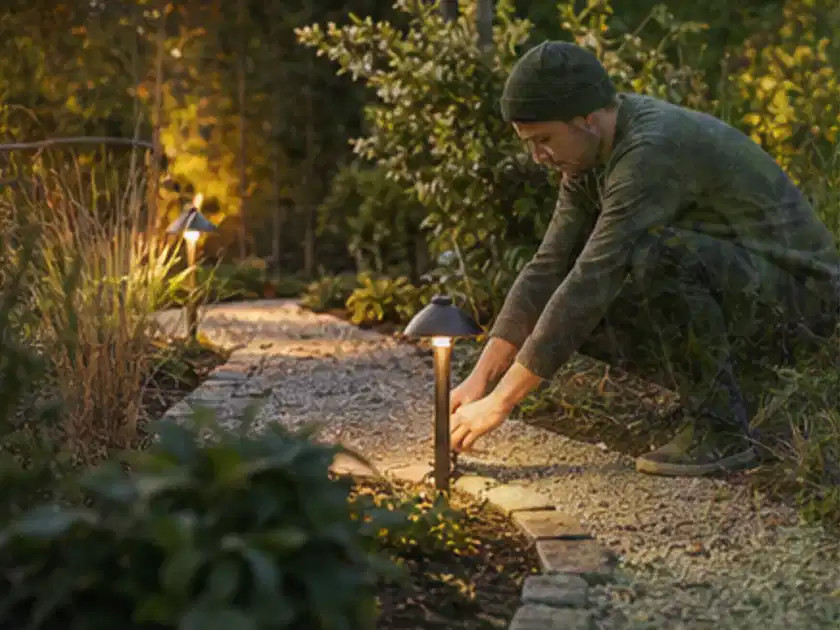 Person richtet eine niedrige warm leuchtende Gartenlampe am Kiesweg aus; Thema Smoker, Schwerpunkt Fehlerhilfe; Titelbild.