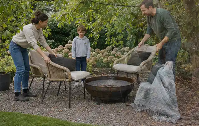 Familie stellt wetterfeste Sessel an einem geschützten Sitzplatz im Garten auf; Thema Smoker, Schwerpunkt Fehlerhilfe; Praxisalltag.