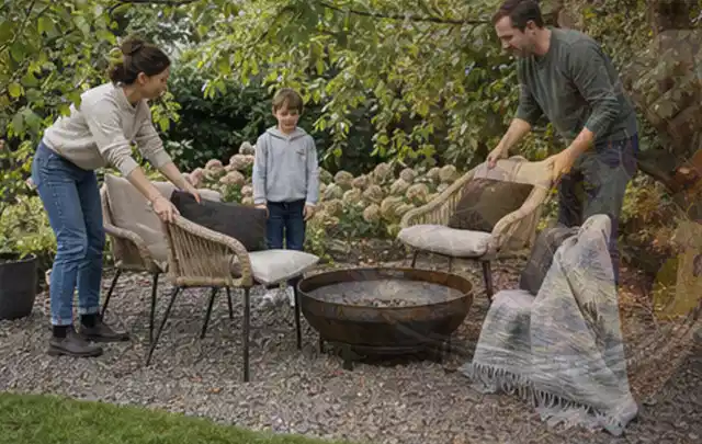Familie stellt wetterfeste Sessel an einem geschützten Sitzplatz im Garten auf; Thema Smoker, Schwerpunkt Gärten mit großer Fläche; Umsetzung.