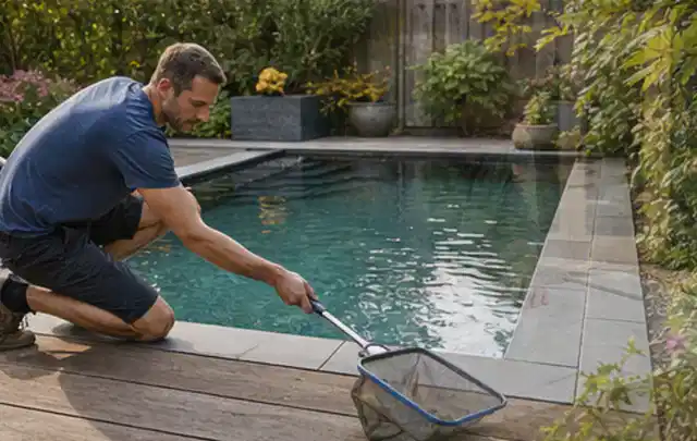 Person entfernt Blätter mit einem Kescher aus einem kleinen Gartenpool; Thema Smoker, Schwerpunkt Gärten mit großer Fläche; Kontrolle.