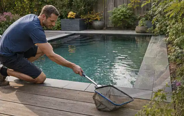 Person entfernt Blätter mit einem Kescher aus einem kleinen Gartenpool; Thema Smoker, Schwerpunkt Gärten mit kleiner Fläche; Kontrolle.