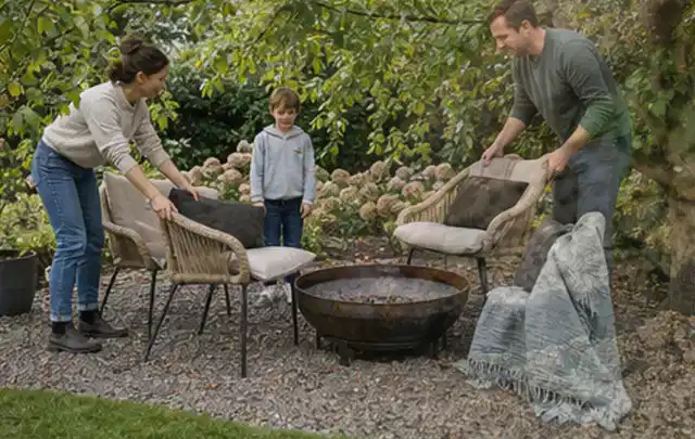 Familie stellt wetterfeste Sessel an einem geschützten Sitzplatz im Garten auf; Thema Smoker, Schwerpunkt Gärten mit kleiner Fläche; Ergebnis.