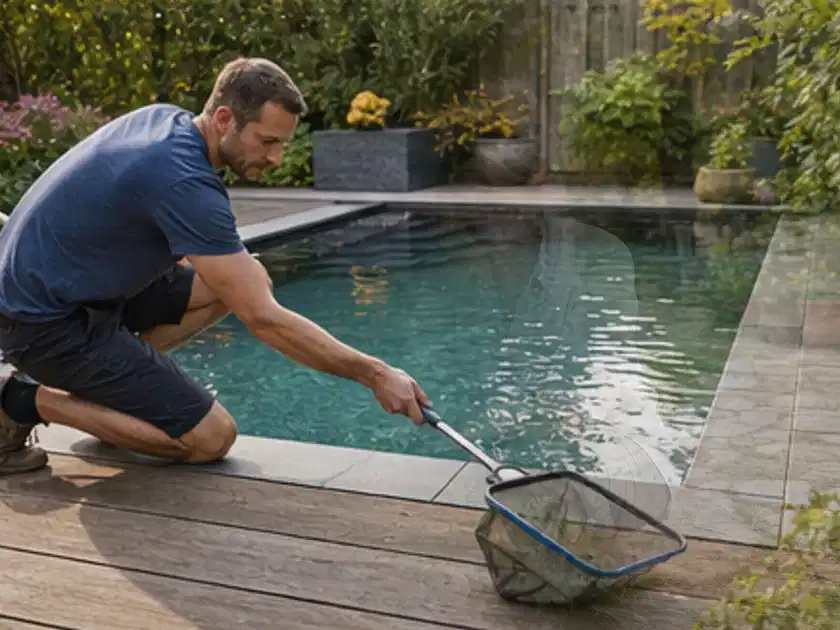 Person entfernt Blätter mit einem Kescher aus einem kleinen Gartenpool; Thema Smoker, Schwerpunkt Kaufberatung; Titelbild.