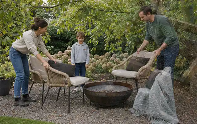 Familie stellt wetterfeste Sessel an einem geschützten Sitzplatz im Garten auf; Thema Smoker, Schwerpunkt Kaufberatung; Praxisalltag.
