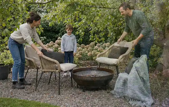 Familie stellt wetterfeste Sessel an einem geschützten Sitzplatz im Garten auf; Thema Smoker, Schwerpunkt Kosten; Ausgangslage.