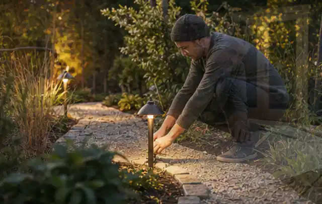 Person richtet eine niedrige warm leuchtende Gartenlampe am Kiesweg aus; Thema Smoker, Schwerpunkt Kosten; Umsetzung.