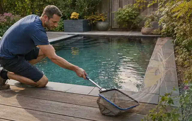 Person entfernt Blätter mit einem Kescher aus einem kleinen Gartenpool; Thema Smoker, Schwerpunkt Kosten; Praxisalltag.