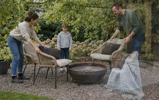 Familie stellt wetterfeste Sessel an einem geschützten Sitzplatz im Garten auf; Thema Smoker, Schwerpunkt Leistung; Umsetzung.