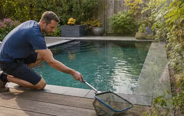 Person entfernt Blätter mit einem Kescher aus einem kleinen Gartenpool; Thema Smoker, Schwerpunkt Leistung; Kontrolle.
