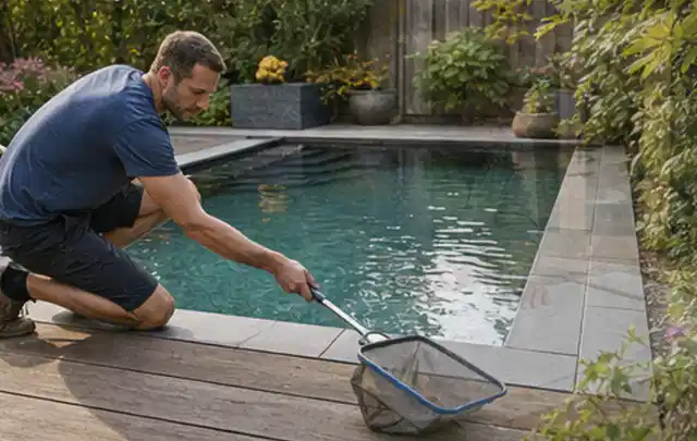 Person entfernt Blätter mit einem Kescher aus einem kleinen Gartenpool; Thema Smoker, Schwerpunkt Nachhaltigkeit; Umsetzung.