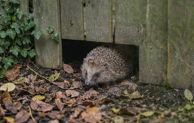 Igel nutzt einen bodennahen Durchgang unter einem hölzernen Gartenzaun; Thema Smoker, Schwerpunkt Nachhaltigkeit; Ergebnis.