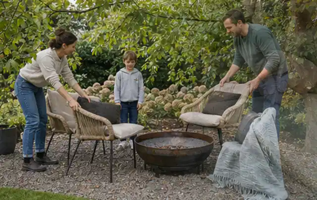 Familie stellt wetterfeste Sessel an einem geschützten Sitzplatz im Garten auf; Thema Smoker, Schwerpunkt Nachhaltigkeit; Praxisalltag.