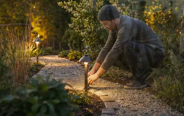 Person richtet eine niedrige warm leuchtende Gartenlampe am Kiesweg aus; Thema Smoker, Schwerpunkt Outdoor Freizeit; Umsetzung.