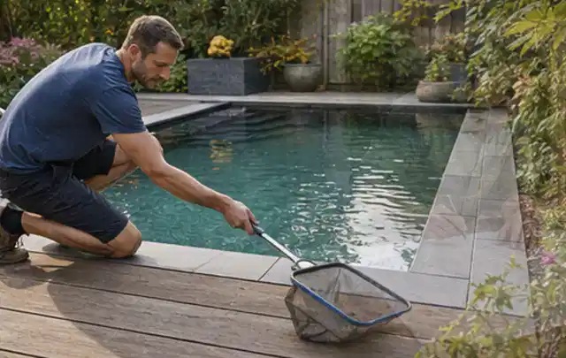 Person entfernt Blätter mit einem Kescher aus einem kleinen Gartenpool; Thema Smoker, Schwerpunkt Outdoor Freizeit; Kontrolle.