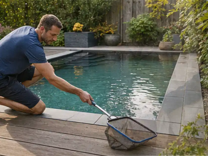 Person entfernt Blätter mit einem Kescher aus einem kleinen Gartenpool; Thema Smoker, Schwerpunkt Sicherheit; Titelbild.