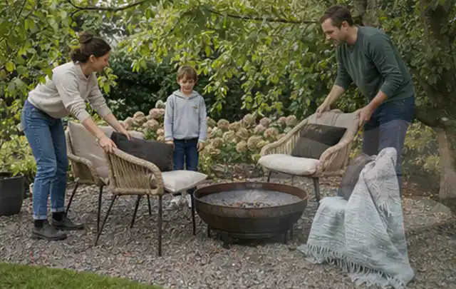 Familie stellt wetterfeste Sessel an einem geschützten Sitzplatz im Garten auf; Thema Smoker, Schwerpunkt Sicherheit; Ergebnis.