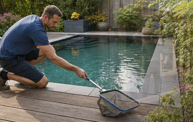 Person entfernt Blätter mit einem Kescher aus einem kleinen Gartenpool; Thema Smoker, Schwerpunkt Systemvergleich; Praxisalltag.