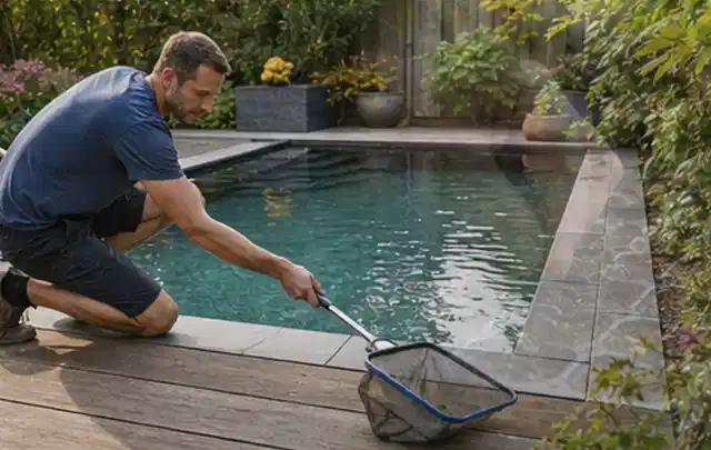 Person entfernt Blätter mit einem Kescher aus einem kleinen Gartenpool; Thema Smoker, Schwerpunkt Testkriterien; Praxisalltag.