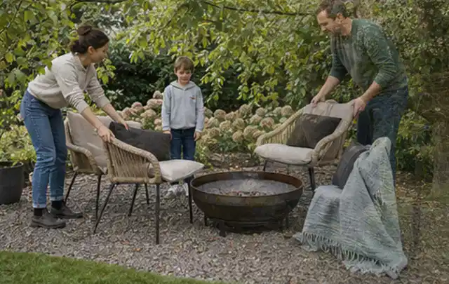 Familie stellt wetterfeste Sessel an einem geschützten Sitzplatz im Garten auf; Thema Smoker, Schwerpunkt Vergleich; Kontrolle.