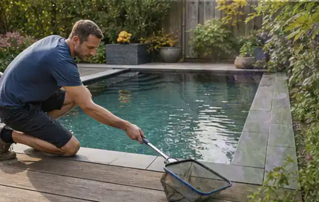 Person entfernt Blätter mit einem Kescher aus einem kleinen Gartenpool; Thema Smoker, Schwerpunkt Vergleich; Praxisalltag.