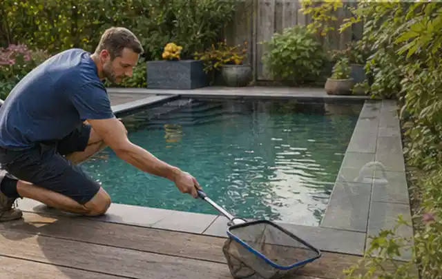 Person entfernt Blätter mit einem Kescher aus einem kleinen Gartenpool; Thema Smoker, Schwerpunkt Wartung; Umsetzung.