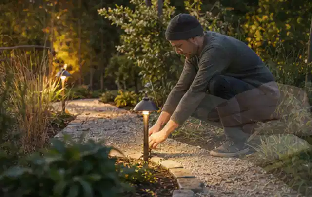 Person richtet eine niedrige warm leuchtende Gartenlampe am Kiesweg aus; Thema Smoker, Schwerpunkt Wartung; Ergebnis.