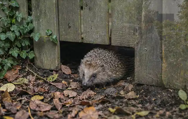 Igel nutzt einen bodennahen Durchgang unter einem hölzernen Gartenzaun; Thema Smoker, Schwerpunkt Winterlager; Ausgangslage.
