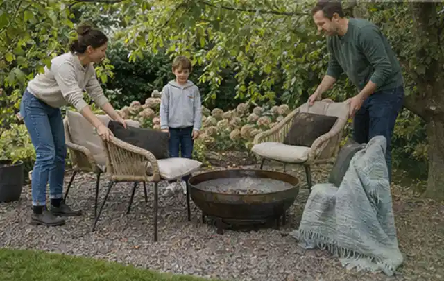 Familie stellt wetterfeste Sessel an einem geschützten Sitzplatz im Garten auf; Thema Smoker, Schwerpunkt Winterlager; Umsetzung.