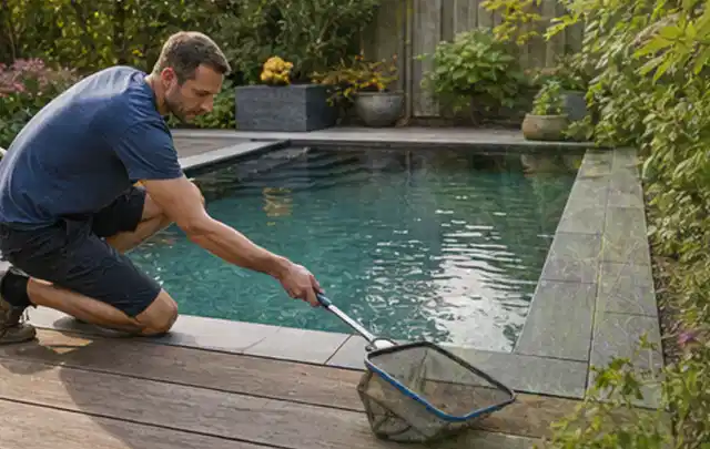 Person entfernt Blätter mit einem Kescher aus einem kleinen Gartenpool; Thema Smoker, Schwerpunkt Winterlager; Kontrolle.