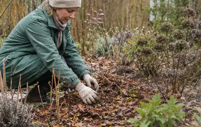 Person verteilt eine schützende Mulchschicht zwischen winterlichen Stauden; Thema Sommerblumen, Schwerpunkt Blumen; Kontrolle.