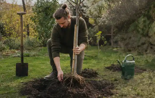 Person setzt einen jungen Zierbaum in ein vorbereitetes Pflanzloch im Garten; Thema Sommerblumen, Schwerpunkt Düngung; Ausgangslage.