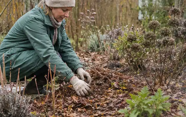 Person verteilt eine schützende Mulchschicht zwischen winterlichen Stauden; Thema Sommerblumen, Schwerpunkt Düngung; Praxisalltag.
