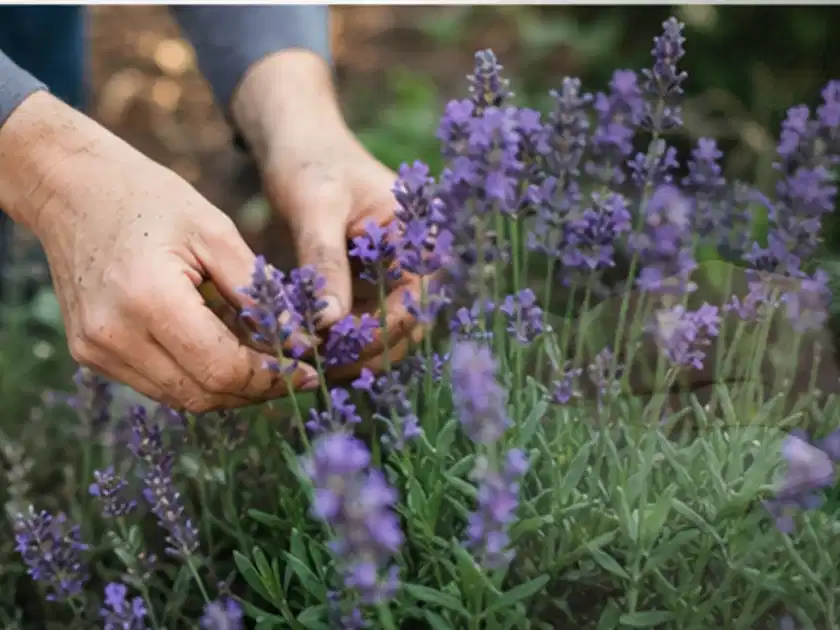 Hände pflegen blühenden Lavendel in einem natürlich angelegten Gartenbeet; Thema Sommerblumen, Schwerpunkt Gartenpraxis; Titelbild.