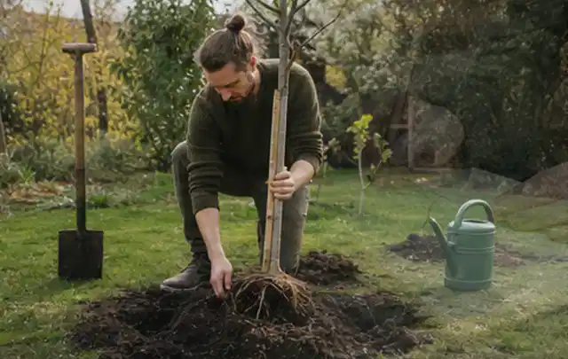 Person setzt einen jungen Zierbaum in ein vorbereitetes Pflanzloch im Garten; Thema Sommerblumen, Schwerpunkt Gartenpraxis; Ausgangslage.