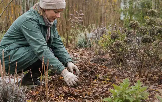 Person verteilt eine schützende Mulchschicht zwischen winterlichen Stauden; Thema Sommerblumen, Schwerpunkt Gartenpraxis; Kontrolle.