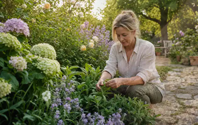 Person pflegt üppige Pflanzen in einem natürlich beleuchteten Garten; Thema Sommerblumen, Schwerpunkt Gartenpraxis; Praxisalltag.