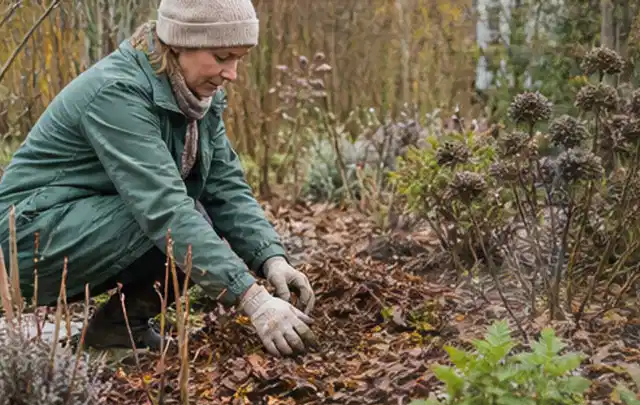Person verteilt eine schützende Mulchschicht zwischen winterlichen Stauden; Thema Sommerblumen, Schwerpunkt Jahrespflege; Ergebnis.