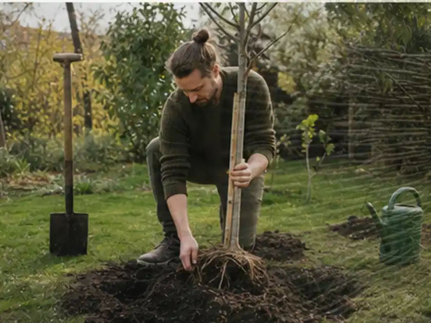 Person setzt einen jungen Zierbaum in ein vorbereitetes Pflanzloch im Garten; Thema Sommerblumen, Schwerpunkt Kaufberatung; Titelbild.