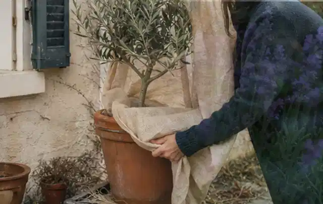 Person umhüllt eine mediterrane Kübelpflanze mit atmungsaktivem Winterschutz; Thema Sommerblumen, Schwerpunkt Pflanzengesundheit; Ausgangslage.